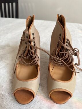 J. Crew Beige and Tan Lace-Up Peep-Toe Heels